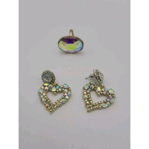 Unbranded Jewelry - Vintage Heart Shaped Iridescent Multicolor Earrings And Matching Round Ring